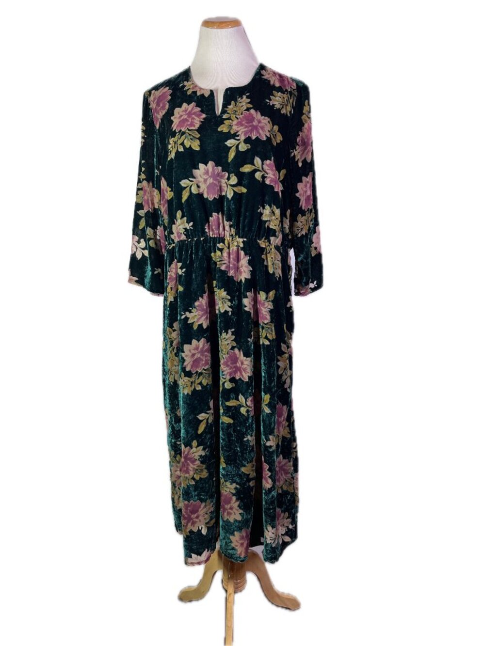 Coldwater Creek Size L Green Devore Velvet Floral Dress 3/4 Sleeves Lined
